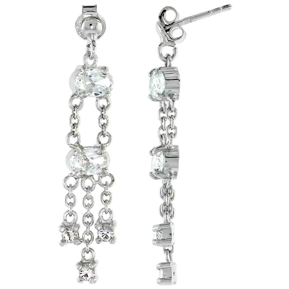 Sterling Silver Jeweled Post Earrings, w/ Oval & Round Cubic Zirconia, 1 5/16 (33 mm)