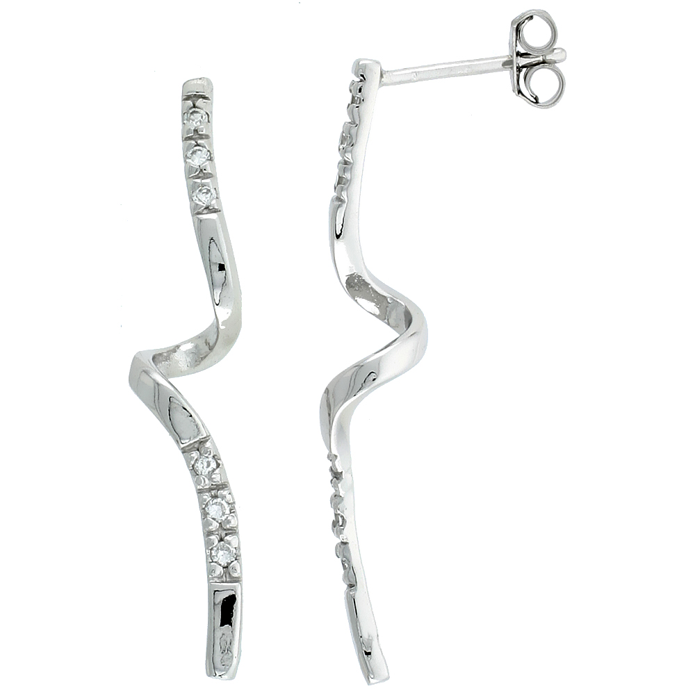 Sterling Silver Jeweled Twisted Post Earrings, w/ Cubic Zirconia stones, 1 5/16 (34 mm)