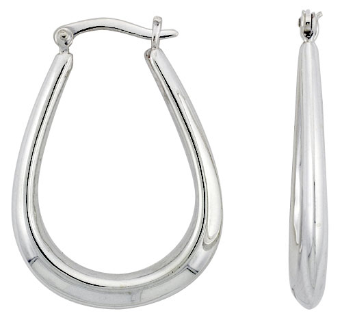 Sterling Silver Thin Tube Teardrop Hoop Earrings for Women Tapered Click Top High Polished 1 3/8 inch