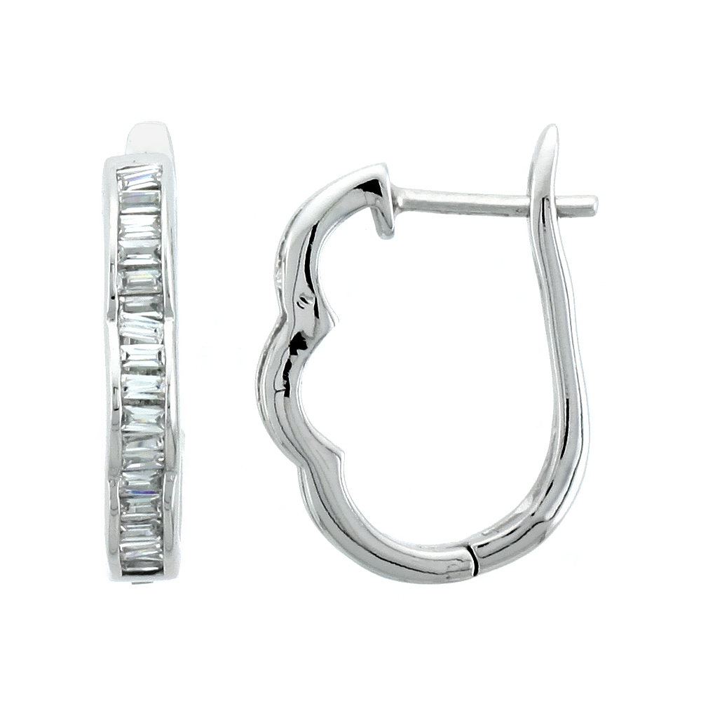 Sterling Silver Jeweled Huggie Earrings, w/ Baguette Cubic Zirconia stones, 3/4 (19 mm)