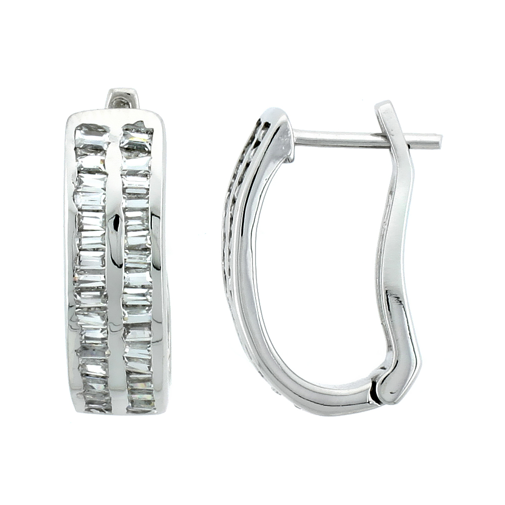 Sterling Silver Jeweled Huggie Earrings, w/ Baguette Cubic Zirconia, 3/4 (19 mm)