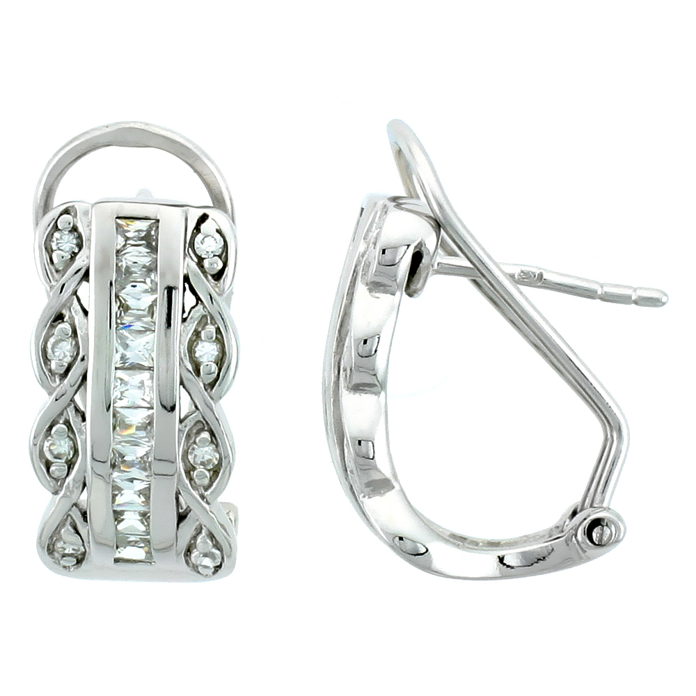 Sterling Silver Jeweled Post-Clip Earrings, w/ Square &amp; Round Cubic Zirconia Stones, 3/4 (19 mm)