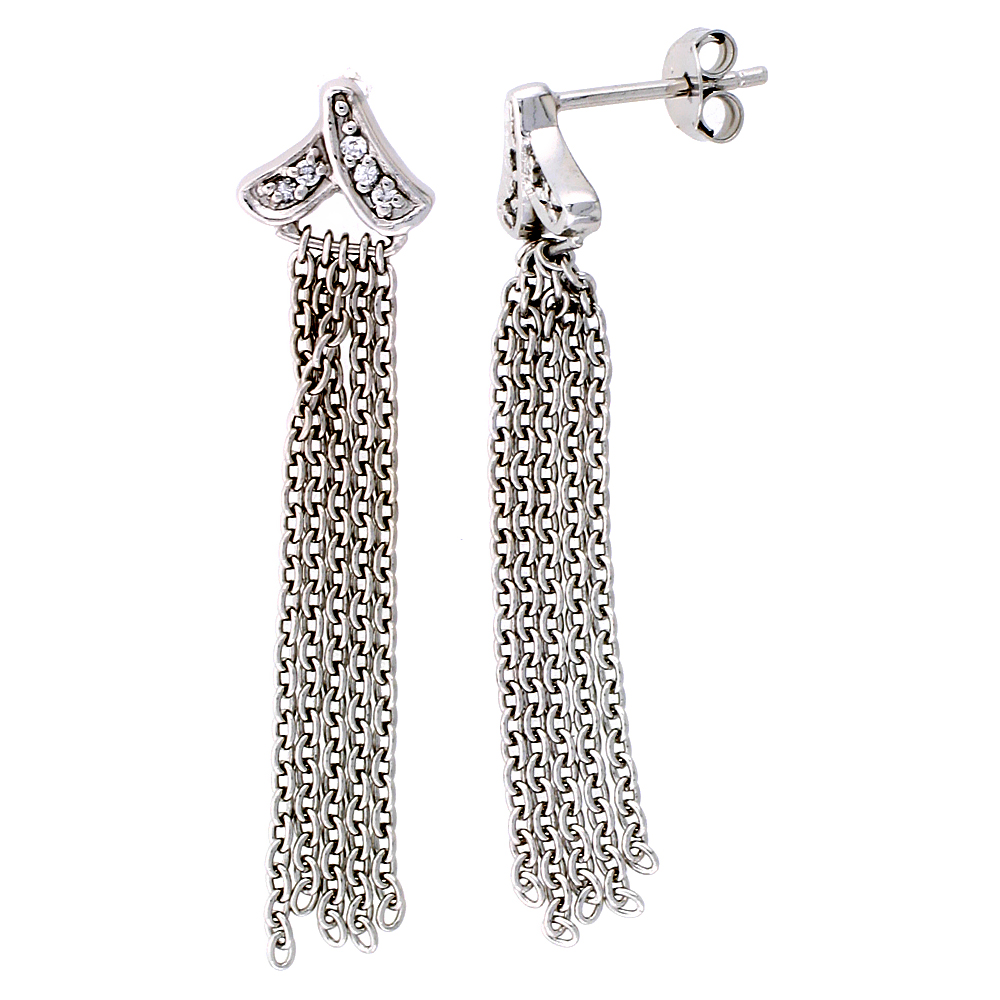 Sterling Silver Jeweled Post Earrings, w/ Rolo Chain &amp; Cubic Zirconia, 1 11/16&quot; (43 mm)
