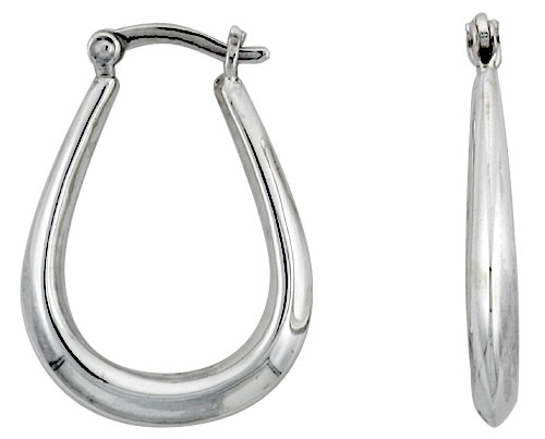 Sterling Silver Thin Tube Teardrop Hoop Earrings for Women Tapered Click Top High Polished 1 inch