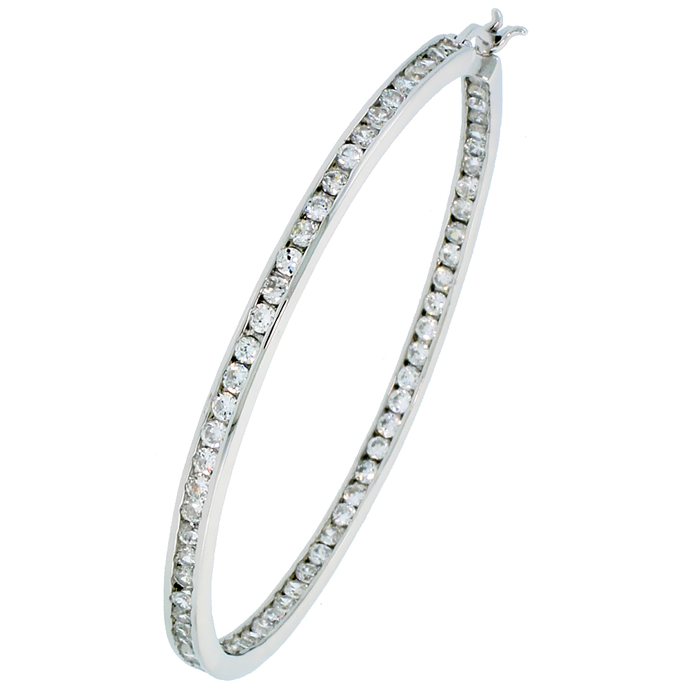Sterling Silver Jeweled Hoop Post Earrings, w/ Cubic Zirconia stones, 2 1/8 (54 mm)