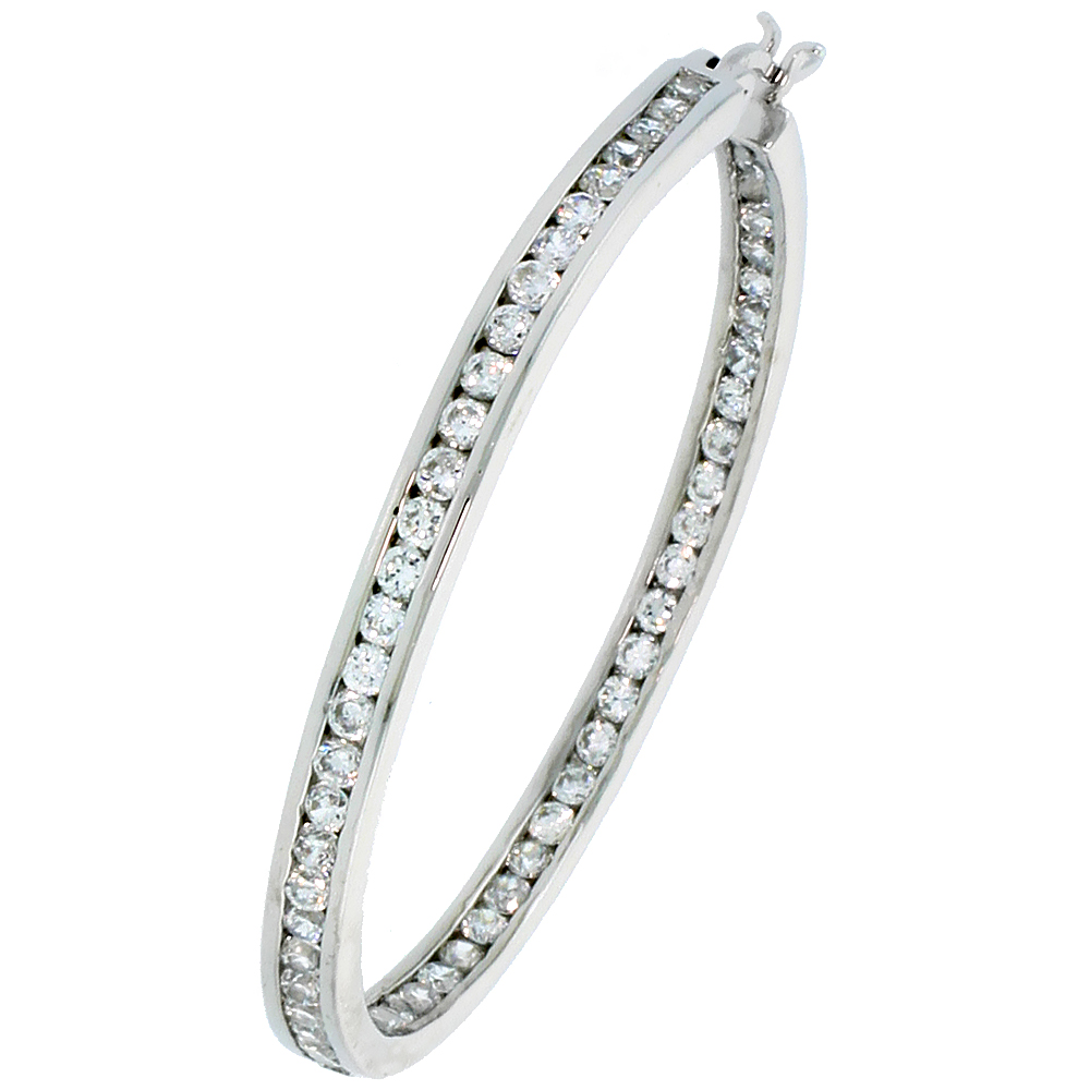 Sterling Silver Jeweled Hoop Post Earrings, w/ Cubic Zirconia stones, 1 3/4 (45 mm)