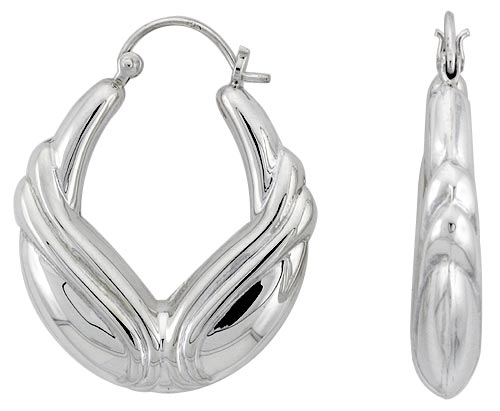Sterling Silver Chevron Hoop Earrings for Women Click Top High Polished 1 1/4 inch