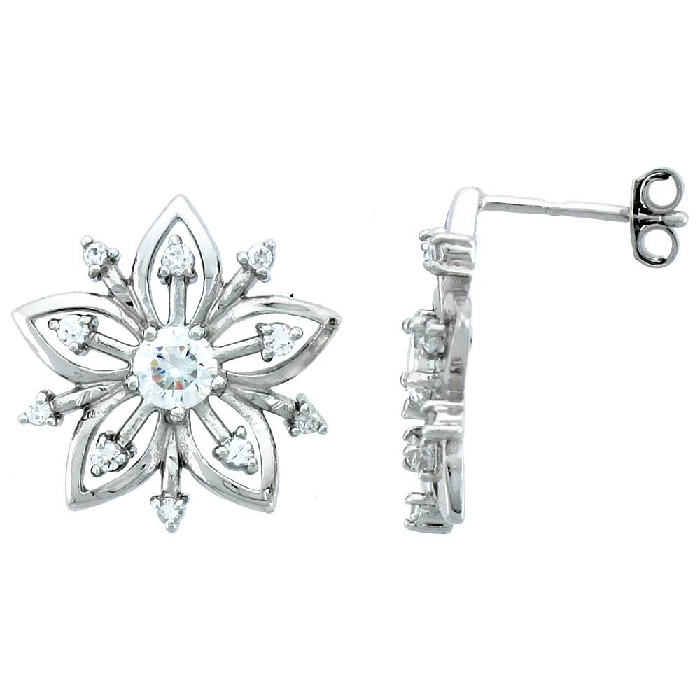 Sterling Silver Jeweled Flower Post Earrings, w/ Cubic Zirconia stones, 11/16 (18 mm)