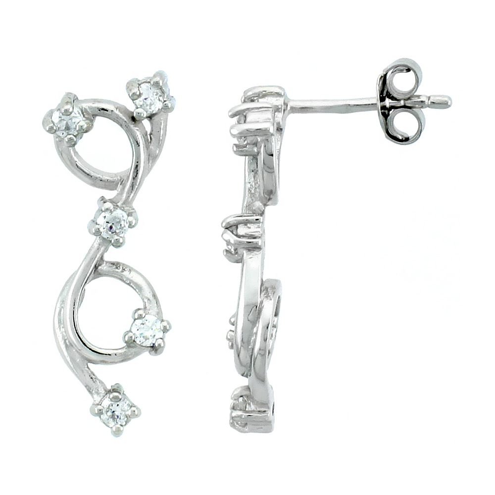 Sterling Silver Jeweled Twisted Post Earrings, w/ Cubic Zirconia stones, 7/8 (23 mm)