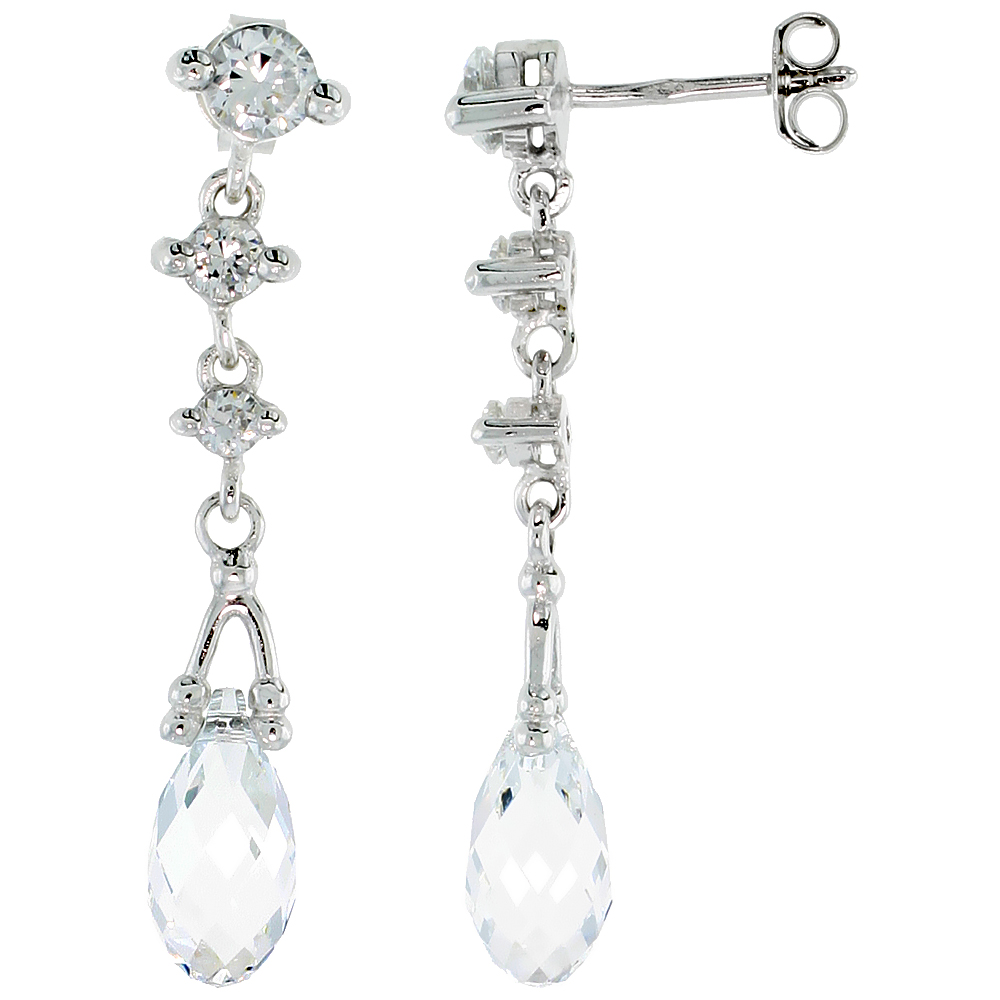 Sterling Silver Jeweled Post Earrings, w/ Pear-shaped Crystal &amp; Cubic Zirconia, 1 7/16 (36 mm)