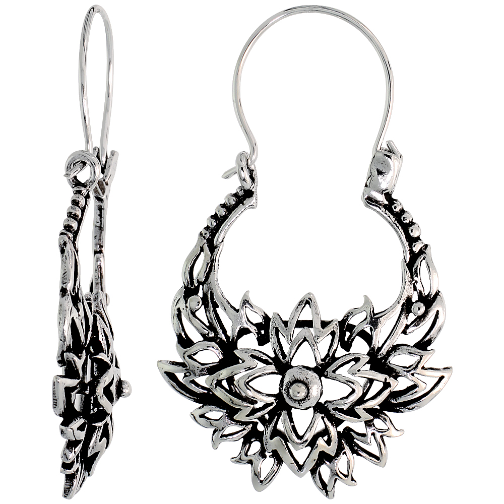 Sterling Silver Filigree Bali Earrings w/ Beads & Floral Flames, 1 5/16" (34 mm) tall