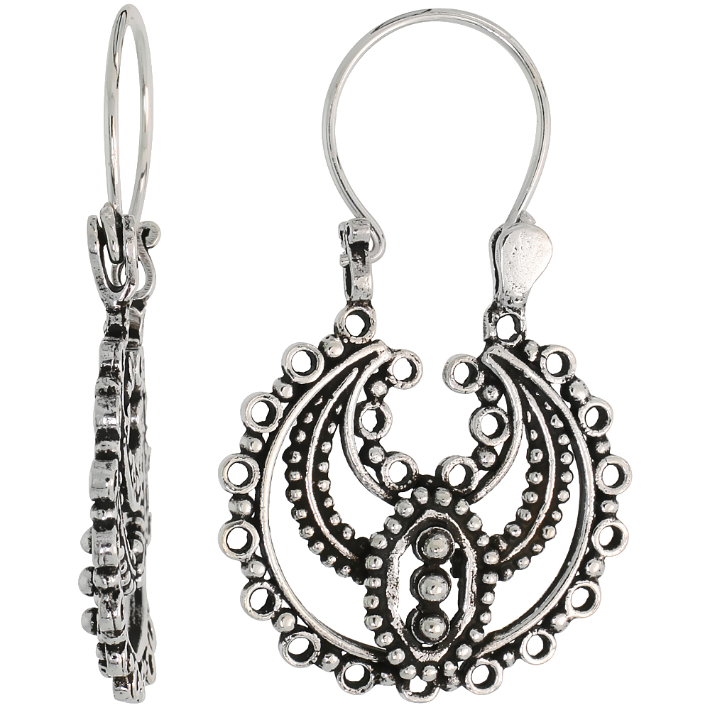 Sterling Silver Filigree Bali Earrings w/ Beads &amp; Circle Cut Outs, 1 1/4&quot; (32 mm) tall