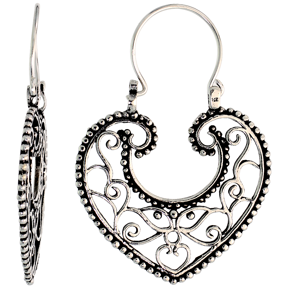 Sterling Silver Filigree Heart Bali Earrings w/ Beads &amp; Tribal Design, 1 3/8&quot; (35 mm) tall