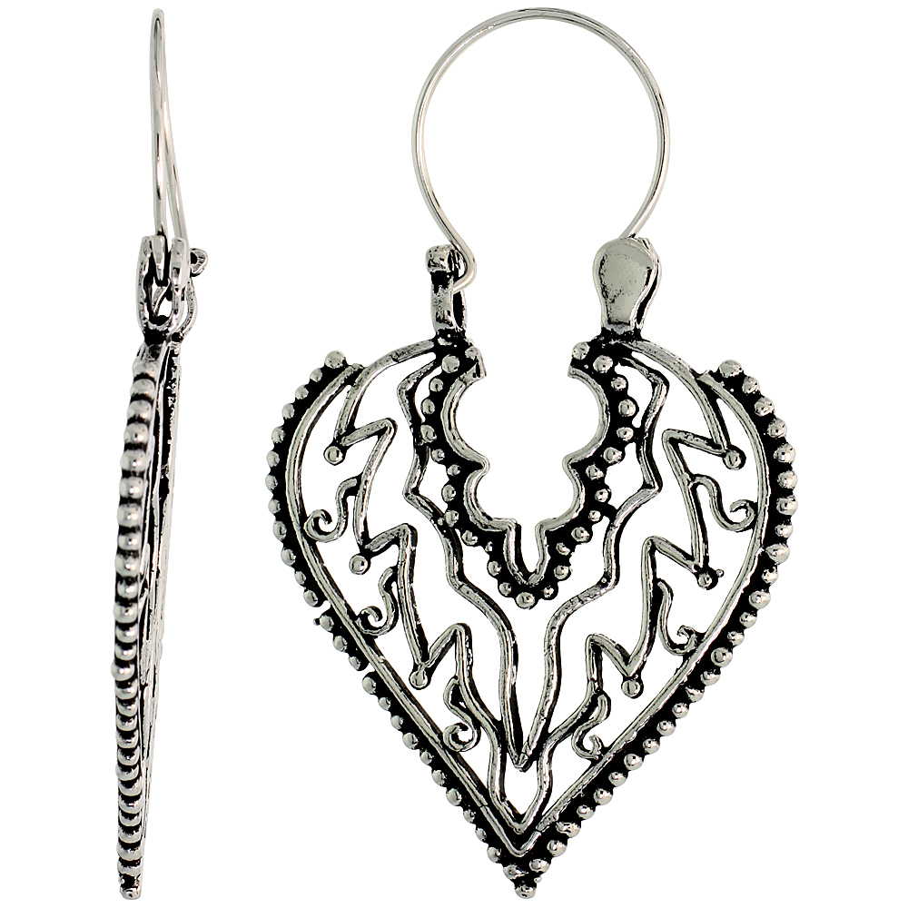 Sterling Silver Filigree Heart Bali Earrings w/ Beads & Flames, 1 1/2" (38 mm) tall