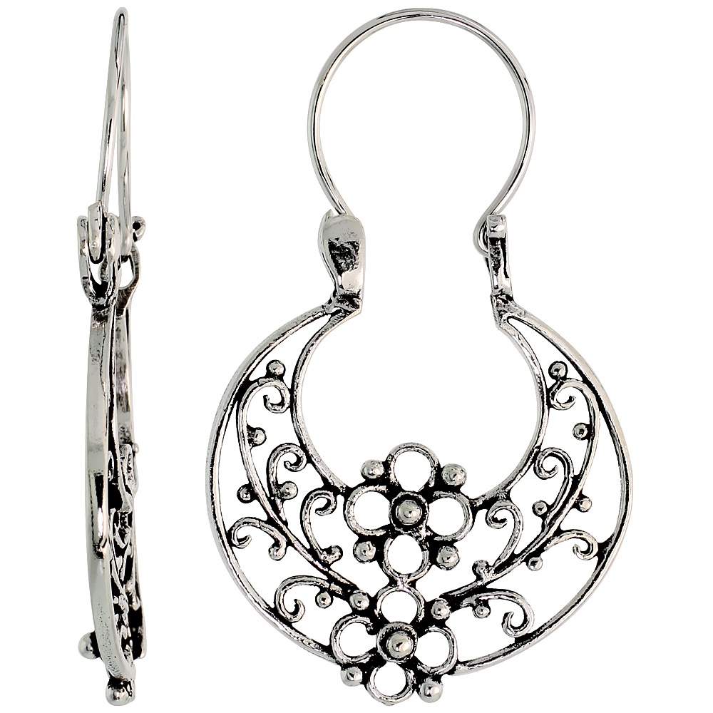 Sterling Silver Filigree Bali Earrings w/ Beads & Floral Cut Outs, 1 5/16" (34 mm) tall