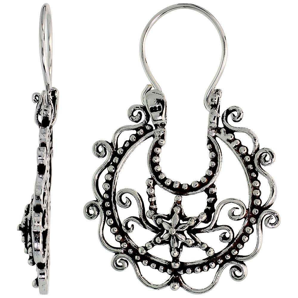Sterling Silver Filigree Bali Earrings w/ Beads & Tribal Pattern, 1 3/16" (31 mm) tall