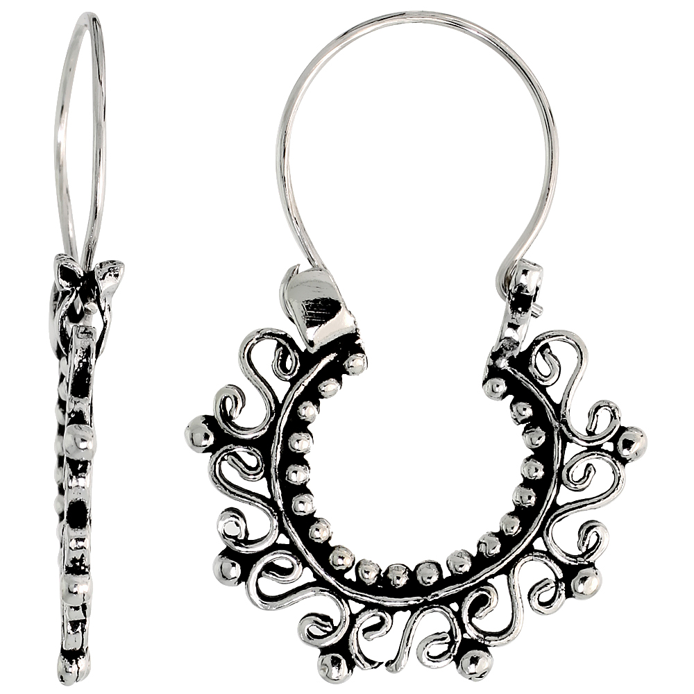 Sterling Silver Filigree Bali Earrings w/ Beads & Swirls, 15/16" (22 mm) tall