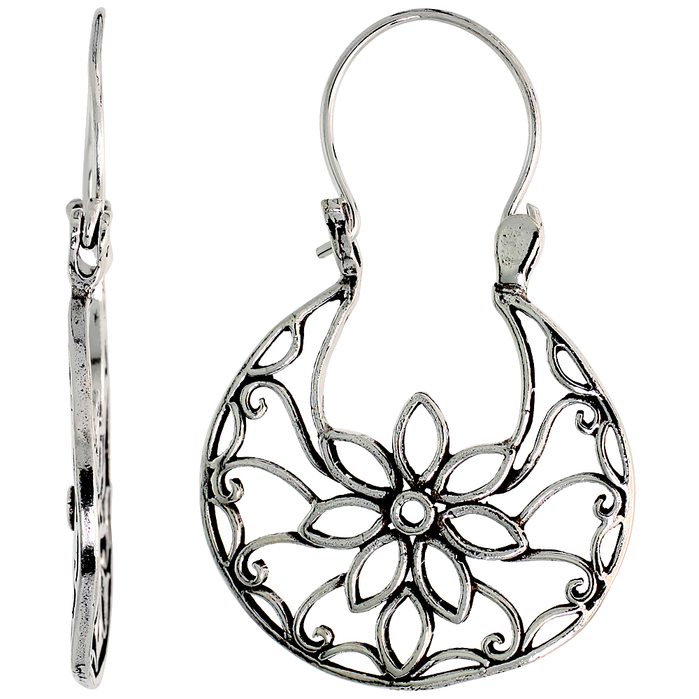 Sterling Silver Filigree Bali Earrings w/ Floral Design, 1 3/8" (35 mm) tall