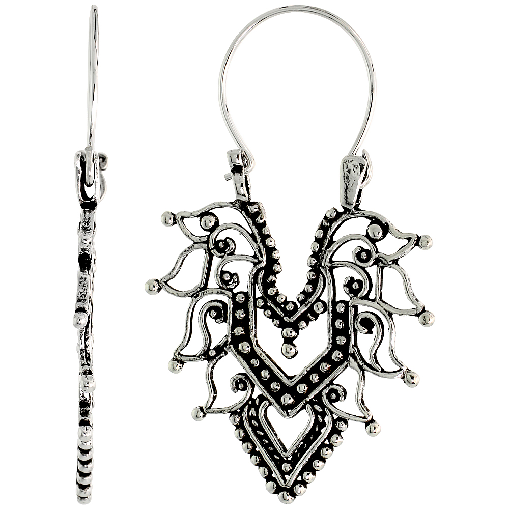 Sterling Silver Filigree Bali Earrings w/ Beads & Tribal Pattern, 1 3/8" (35 mm) tall