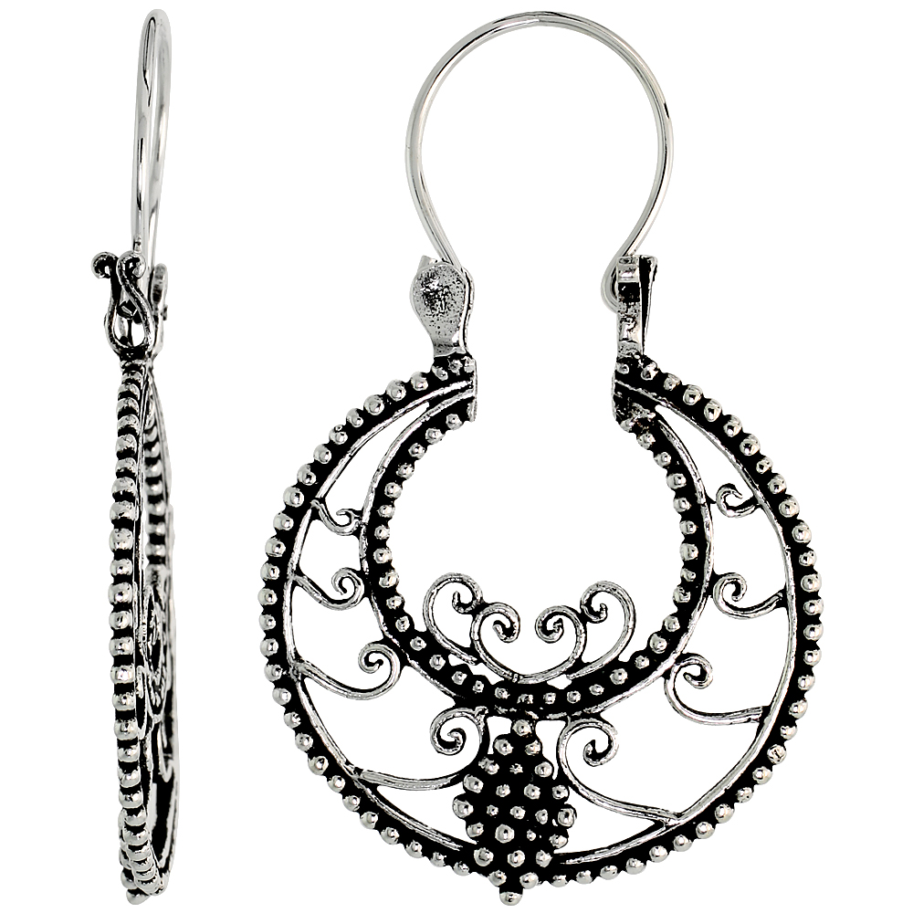 Sterling Silver Filigree Bali Earrings w/ Beads &amp; Swirls, 1 3/8&quot; (36 mm) tall