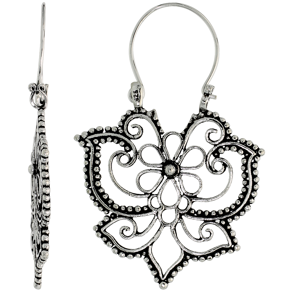 Sterling Silver Filigree Bali Earrings w/ Beads & Floral Design, 1 7/16" (36 mm) tall