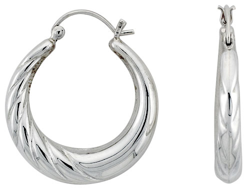 Sterling Silver Round Hoop Earrings for Women Half Scalloped Click Top High Polished 1 1/4 inch