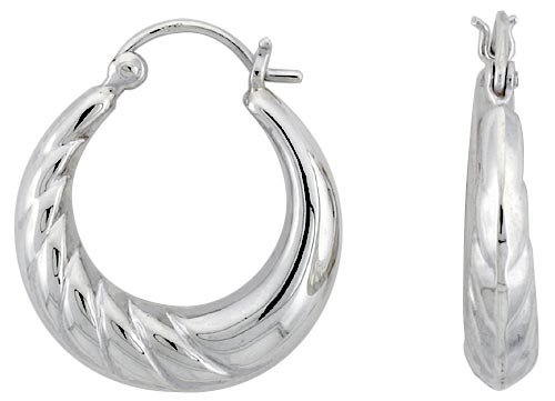 Sterling Silver Round Hoop Earrings for Women Half Scalloped Click Top High Polished 1 inch