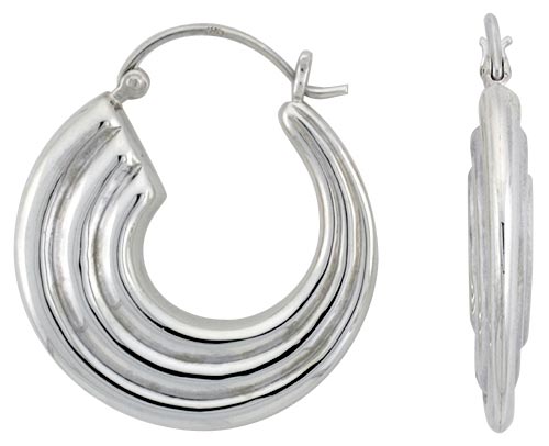 Sterling Silver Cornucopia Hoop Earrings for Women Round Click Top High Polished 1 1/4 inch
