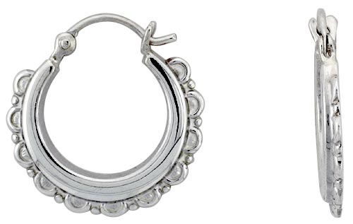 Sterling Silver Scalloped Edge Hoop Earrings for Women Round Click Top High Polished 3/4 inch