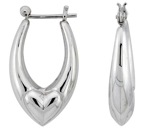 Sterling Silver Heart Hoop Earrings for Women Pointed Oval Click Top High Polished 1 3/8 inch