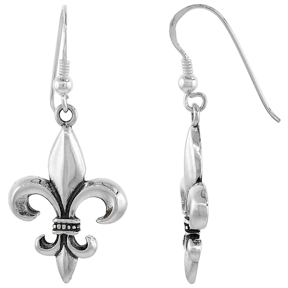 Sterling Silver Dangling Fleur De Lis Earrings for Women 1 5/8 inch (41 mm) tall