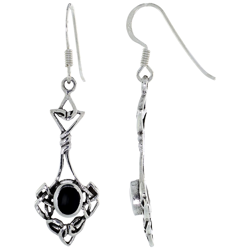 Sterling Silver Celtic Knot Earrings Oval Black Onyx,1 1/4 inch long