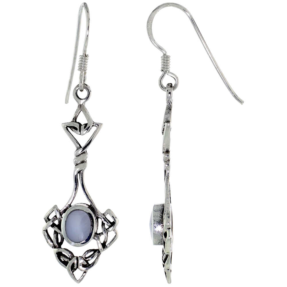 Sterling Silver Celtic Knot Earrings Oval Mother of Pearl,1 1/4 inch long