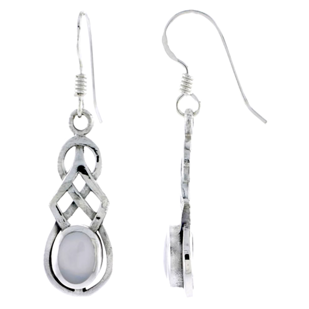 Sterling Silver Celtic Knot Earrings Oval Mother of Pearl,1 inch long