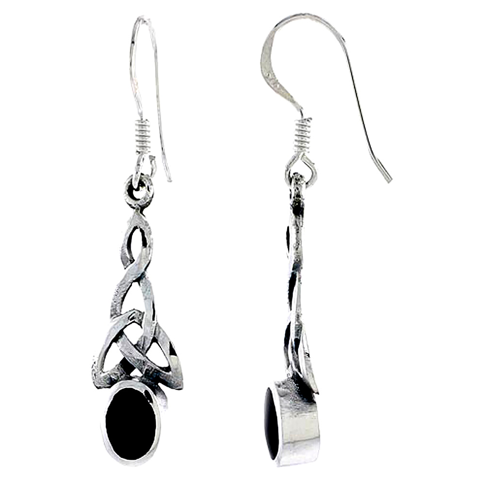 Sterling Silver Triquetra Celtic Earrings Oval Black Onyx,1 inch long