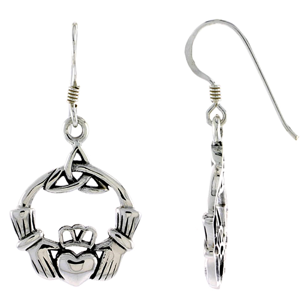 Sterling Silver Claddagh Earrings with Triquetra, 7/8 inch long