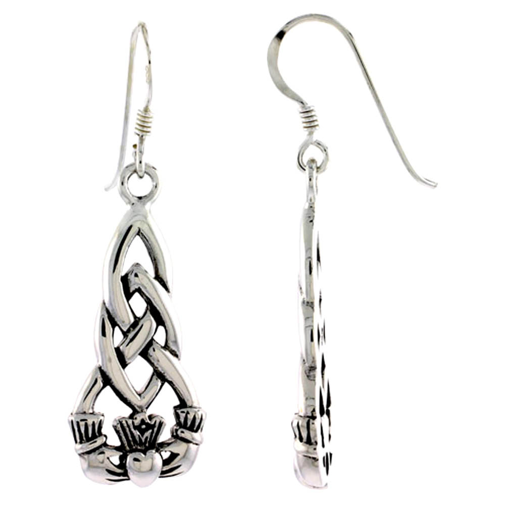 Sterling Silver Claddagh Earrings with Celtic Knot,1 inch long