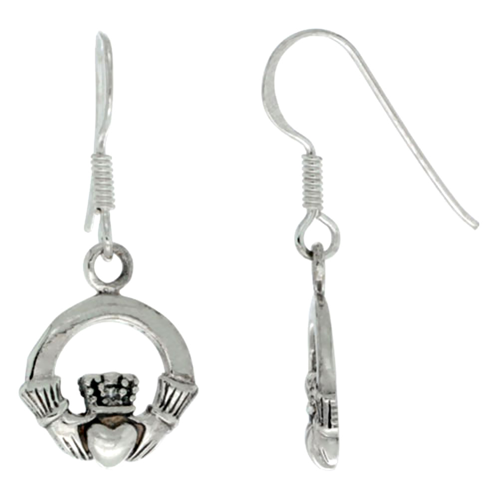 Sterling Silver Claddagh Earrings, 5/8 inch long