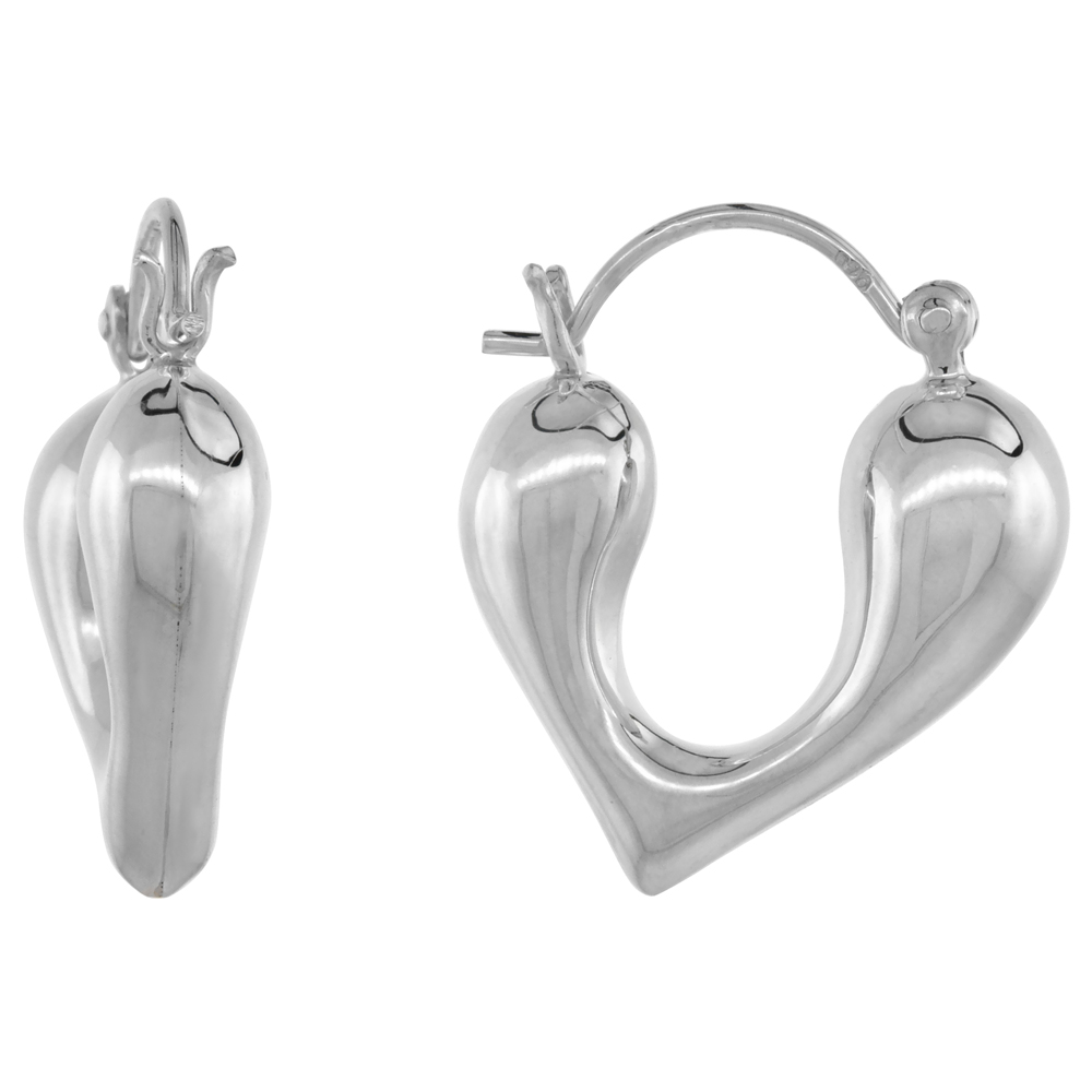 Sterling Silver Stylized Puffy Heart Hoop Earrings for Women Click Top High Polished 3/4 inch
