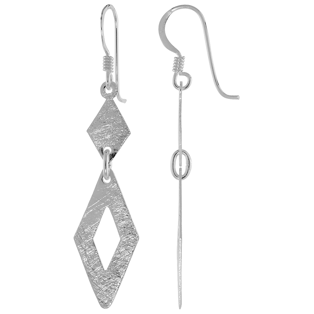Sterling Silver Double Diamond Earrings Crystallized Finish, 1 3/8 inch