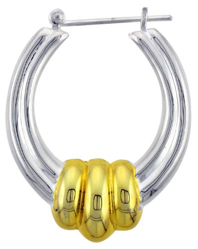 Sterling Silver Snap-down-post Hoop Earrings, w/ 2-Tone Gold Plate Accent, 1 7/16&quot; (37 mm) tall