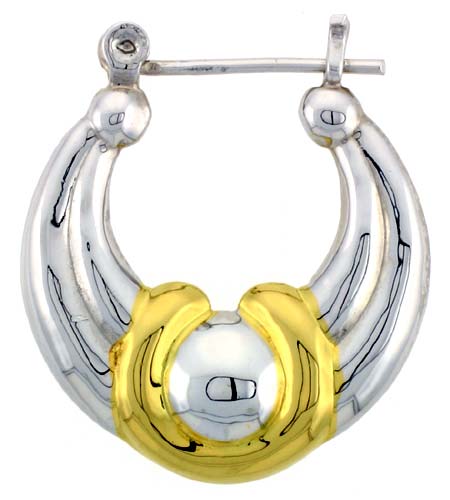 Sterling Silver Snap-down-post Hoop Earrings, w/ 2-Tone Gold Plate Accent, 1 3/16&quot; (30 mm) tall