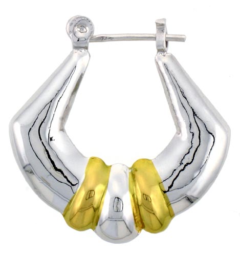 Sterling Silver Snap-down-post Hoop Earrings, w/ 2-Tone Gold Plate Accent, 1 1/16&quot; (27 mm) tall