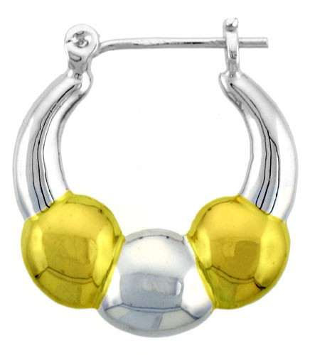 Sterling Silver Snap-down-post Hoop Earrings, w/ 2-Tone Gold Plate Accent, 1 1/8&quot; (28 mm) tall