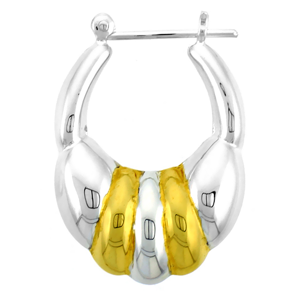 Sterling Silver Snap-down-post Hoop Earrings, w/ 2-Tone Gold Plate Accent, 1 3/16" (30 mm) tall