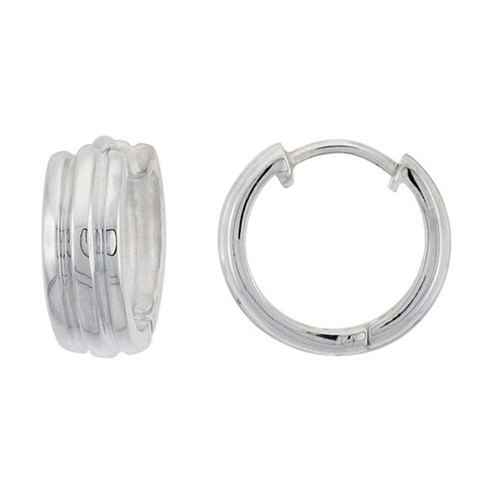 Sterling Silver Huggie Earrings with 2 Light Grooves Flawless Finish, 15/16 inch