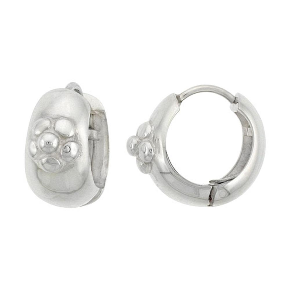 Sterling Silver Huggie Earrings w/ Flower Accent Flawless Finish, 11/16 inch