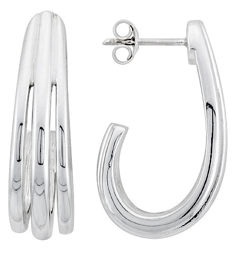 Sterling Silver Three-Strip J-shaped Post Earrings, 1 1/8 inch wide