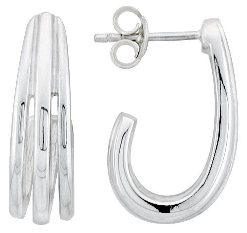 Sterling Silver Three-Strip J-shaped Post Earrings, 13/16 inch wide
