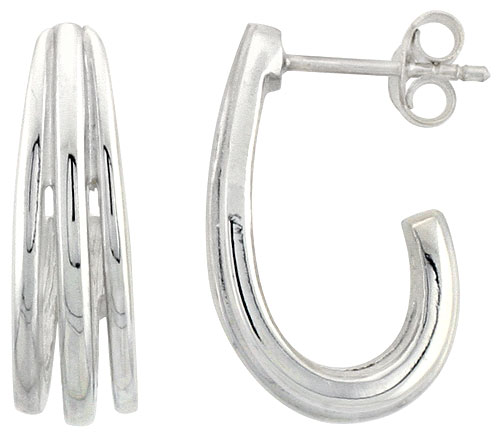 Sterling Silver Three-Strip J-shaped Post Earrings, 11/16 inch wide